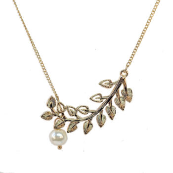 KC Gold Curved Branch Leaves With Pearl Necklace