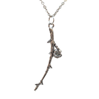 Long Branch Leaf With Flower Antique Silver Necklace