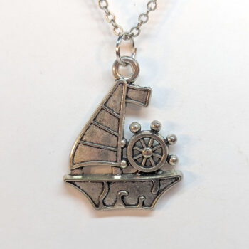 Antique Silver Sail Boat With Wheel Necklace