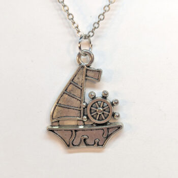 Antique Silver Sail Boat With Wheel Necklace - Image 3