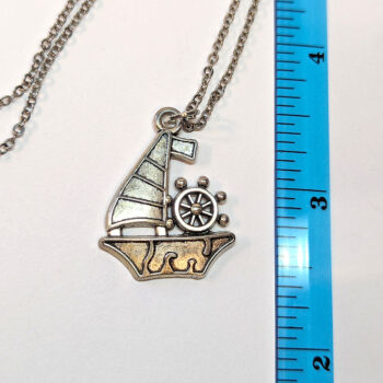 Antique Silver Sail Boat With Wheel Necklace - Image 2