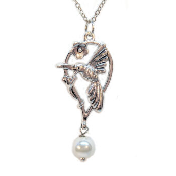 Antique Silver Hummingbird Bird Teardrop With Pearl Necklace