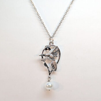 Antique Silver Hummingbird Bird Teardrop With Pearl Necklace - Image 4