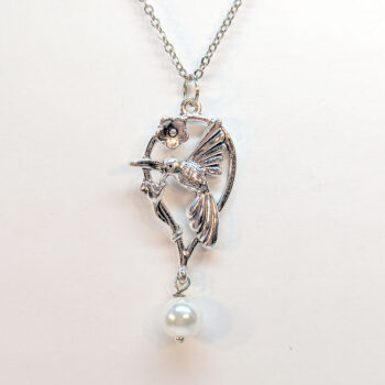 Antique Silver Hummingbird Bird Teardrop With Pearl Necklace - Image 3