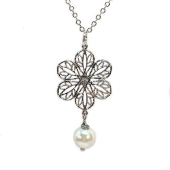 Antique Silver Lightweight Filigree Flower Pearl Necklace