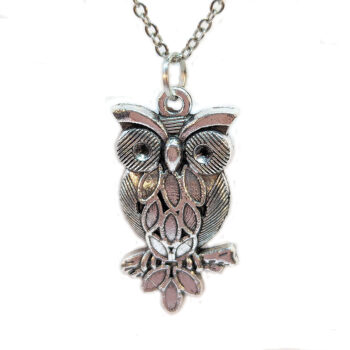 Detailed Owl on Branch Antique Silver Necklace