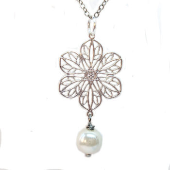 Silver Lightweight Filigree Flower With Pearl Necklace