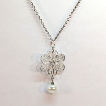 Silver Lightweight Filigree Flower With Pearl Necklace - Image 4