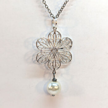 Silver Lightweight Filigree Flower With Pearl Necklace - Image 3