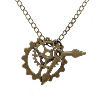 Antique Bronze Triple Steampunk Cog Clock Arm Charm Necklace