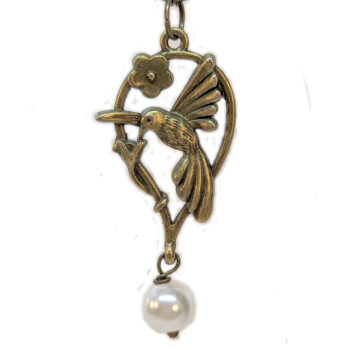 Antique Bronze Hummingbird Bird Teardrop With Pearl Necklace