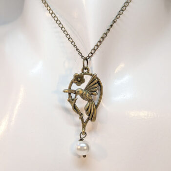 Antique Bronze Hummingbird Bird Teardrop With Pearl Necklace - Image 3