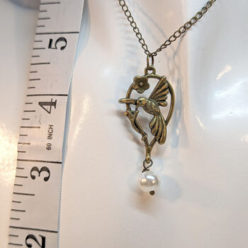 Antique Bronze Hummingbird Bird Teardrop With Pearl Necklace - Image 2