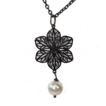 Black Lightweight Filigree Flower With Pearl Necklace