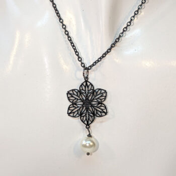 Black Lightweight Filigree Flower With Pearl Necklace - Image 3