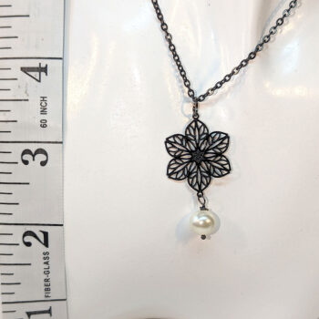 Black Lightweight Filigree Flower With Pearl Necklace - Image 2