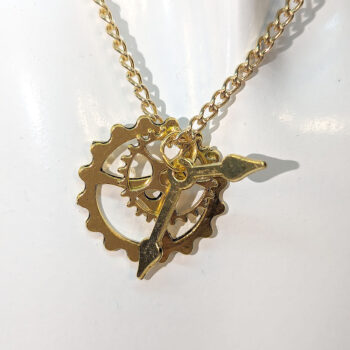 Gold Triple Steampunk Cogs Clock Arm Charm Necklace