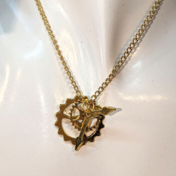 Gold Triple Steampunk Cogs Clock Arm Charm Necklace - Image 3