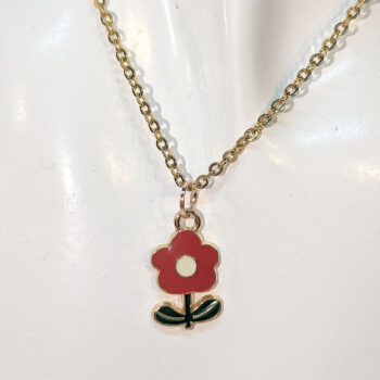 Enamel Five Petal Red Flower Necklace - Image 3