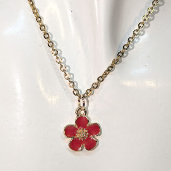 Red Enamel Five Petal Flower Necklace - Image 3