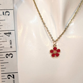 Red Enamel Five Petal Flower Necklace - Image 2