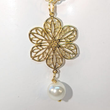 Gold Lightweight Filigree Flower With Pearl Necklace - Image 3