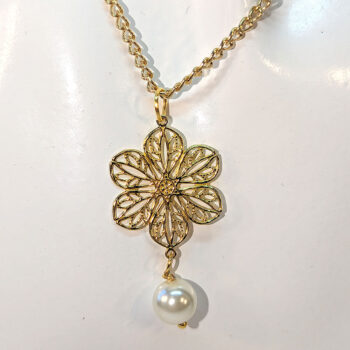 Gold Lightweight Filigree Flower With Pearl Necklace