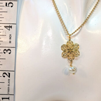 Gold Lightweight Filigree Flower With Pearl Necklace - Image 2