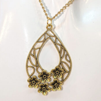 Antique Gold Teardrop with Flowers Vintage Style Necklace