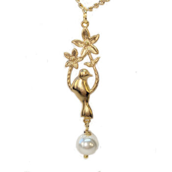 Gold Bird With Flowers Pearl Necklace