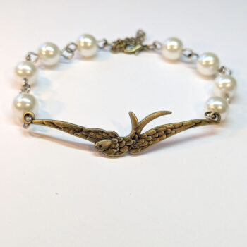 Antique Bronze Large Soaring Bird White Beads Bracelet - Image 5