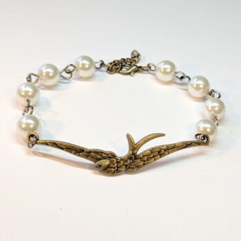 Antique Bronze Large Soaring Bird White Beads Bracelet - Image 4