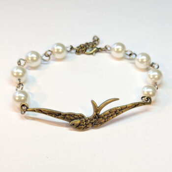 Antique Bronze Large Soaring Bird White Beads Bracelet - Image 3