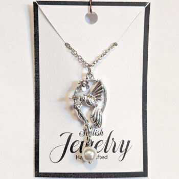 Antique Silver Hummingbird Bird Teardrop With Pearl Necklace - Image 6