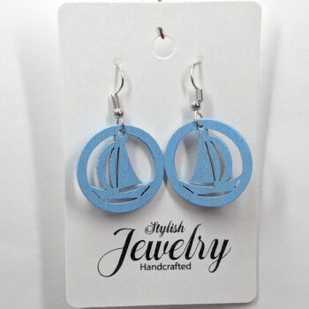 Blue Sailboat Boat Round Hoop Wood Earrings - Image 4