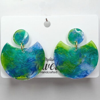 Chunky Shiny Blue Green Turquoise Marble Resin Earrings - Image 5