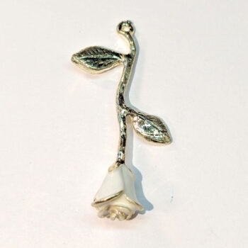 Enamel White Long Stem Rose Flower Charm Gold