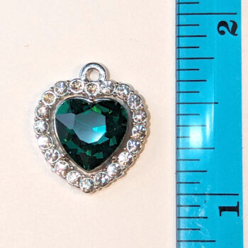 Green Faceted Clear Rhinestone Heart Charm Silver - Image 2