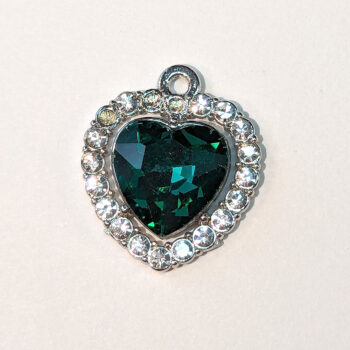 Green Faceted Clear Rhinestone Heart Charm Silver