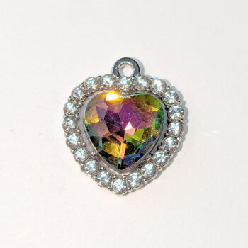 Rainbow Faceted Clear Rhinestone Heart Charm Silver