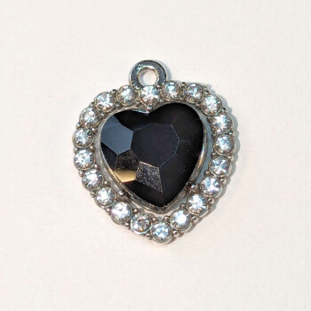 Black Faceted Clear Rhinestone Heart Charm Silver