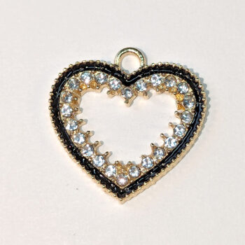 Clear Rhinestone Hollow Black Heart Charm Gold