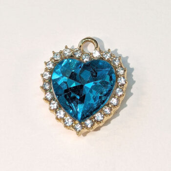 Sky Blue Recessed Rhinestone Clear Heart Charm Gold