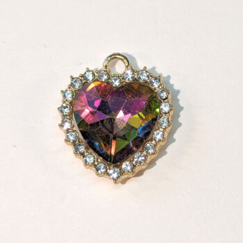 Rainbow Recessed Rhinestone Clear Heart Charm Gold