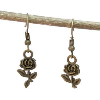 Small Long Stem Rose Flower Earrings Antique Bronze