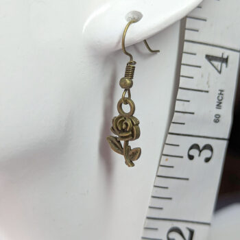 Small Long Stem Rose Flower Earrings Antique Bronze - Image 2