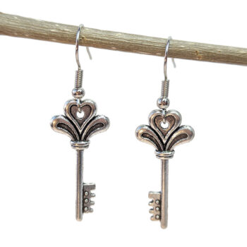 Antique Silver Decorative Heart Key Earrings