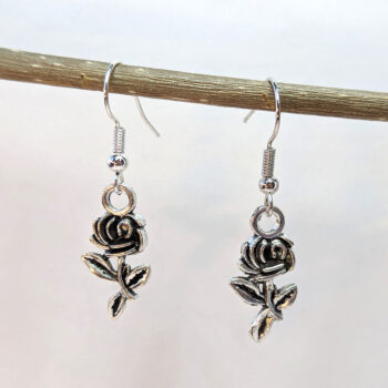 Small Long Stem Rose Flower Earrings Antique Silver - Image 2