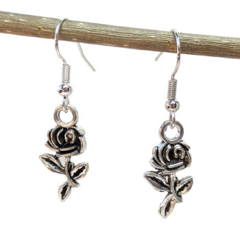 Small Long Stem Rose Flower Earrings Antique Silver