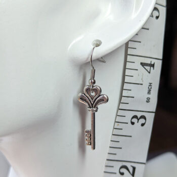 Antique Silver Decorative Heart Key Earrings - Image 2